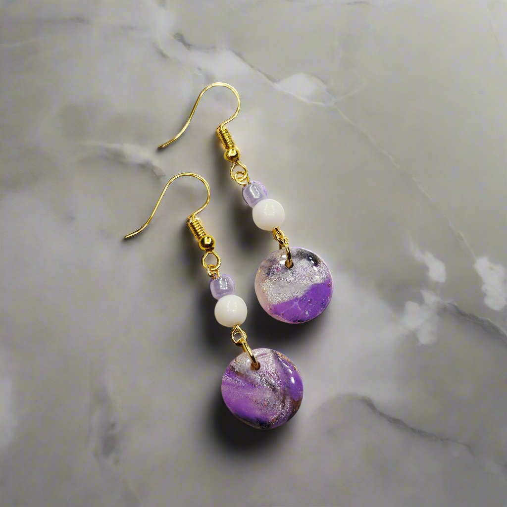 Purple Polymer Clay Marble with Gold Fleck Dangle Earrings in Gold or Silver