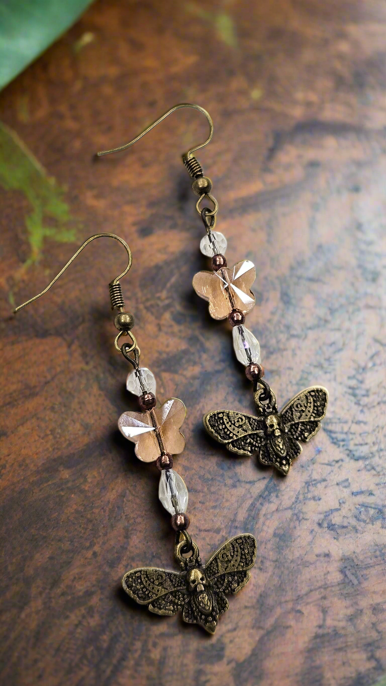 Peach Crystal Butterflies and Brass Dead Head Moth Dangle Earrings - 3"