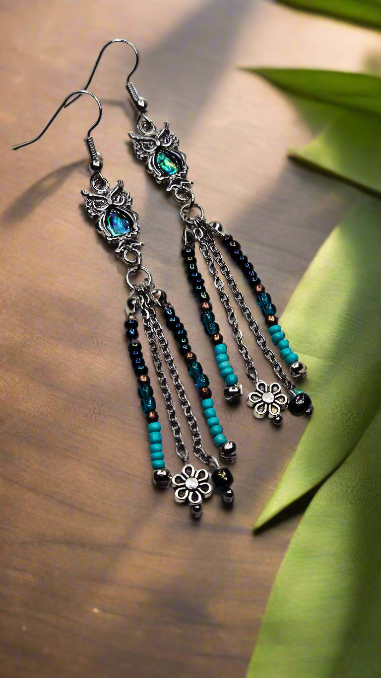 Abalone Owls with Various Seed Bead and Chain Tassel Dangle Earrings