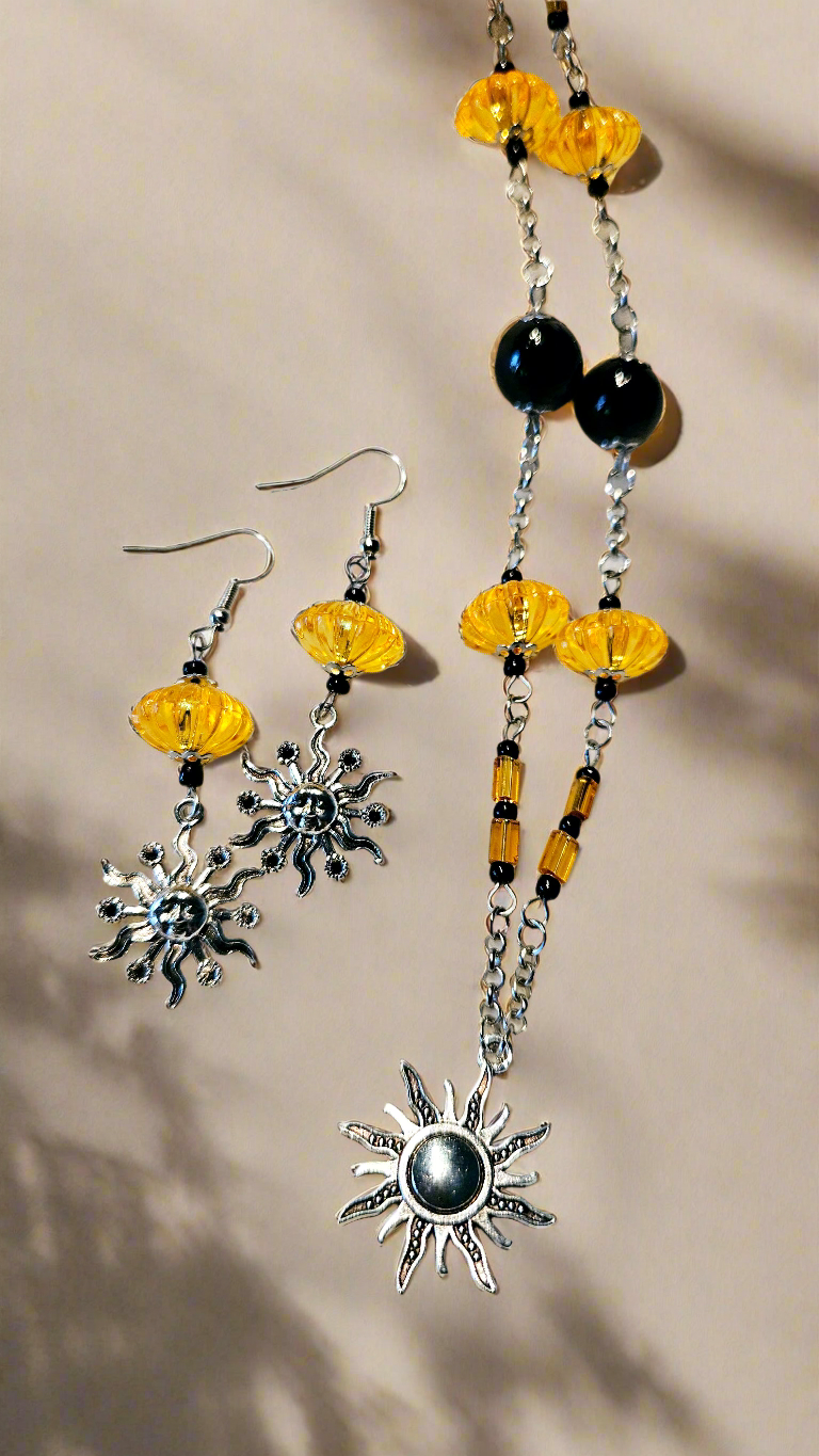 Silver Sun Pendant Necklace and Sun Charm Earrings with Black & Golden Acrylic Beads
