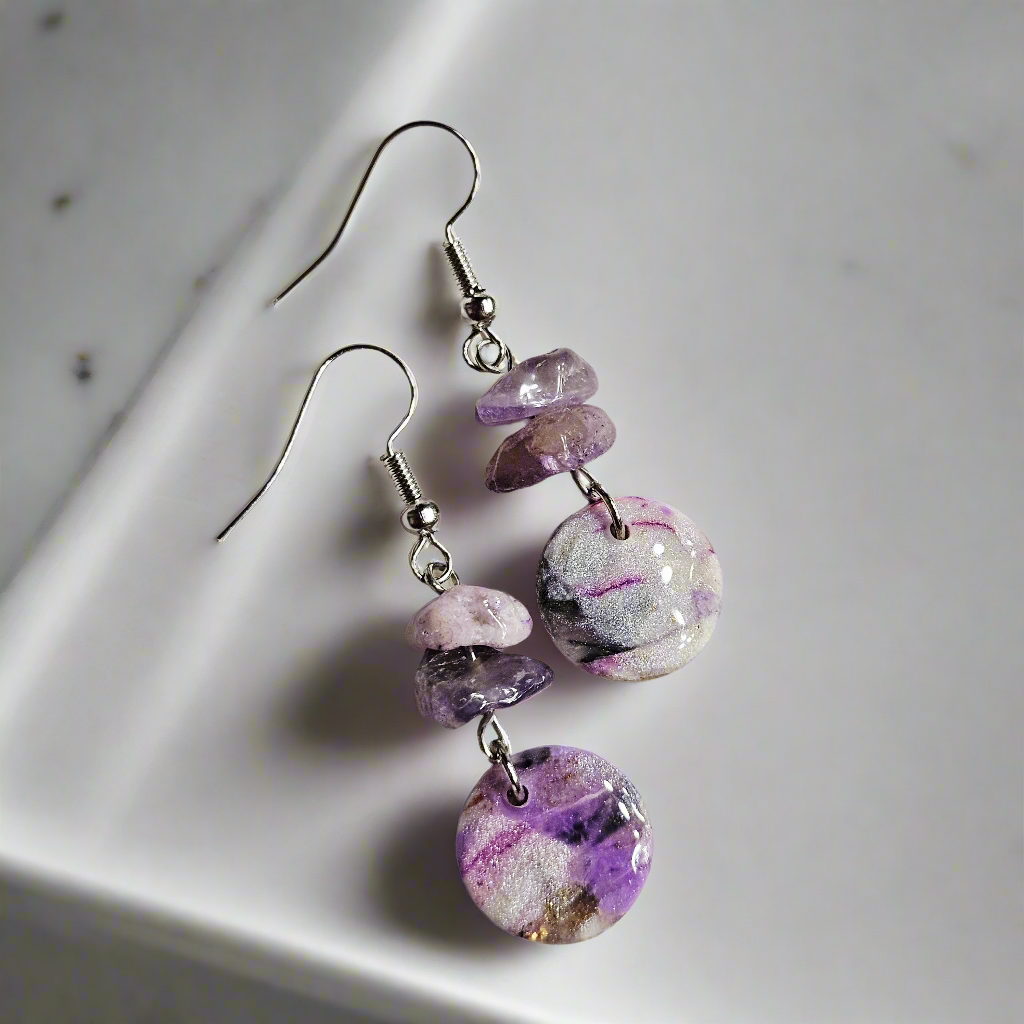 Purple Marble Clay with Gold Fleck and Amethyst Chips in Gold or Silver
