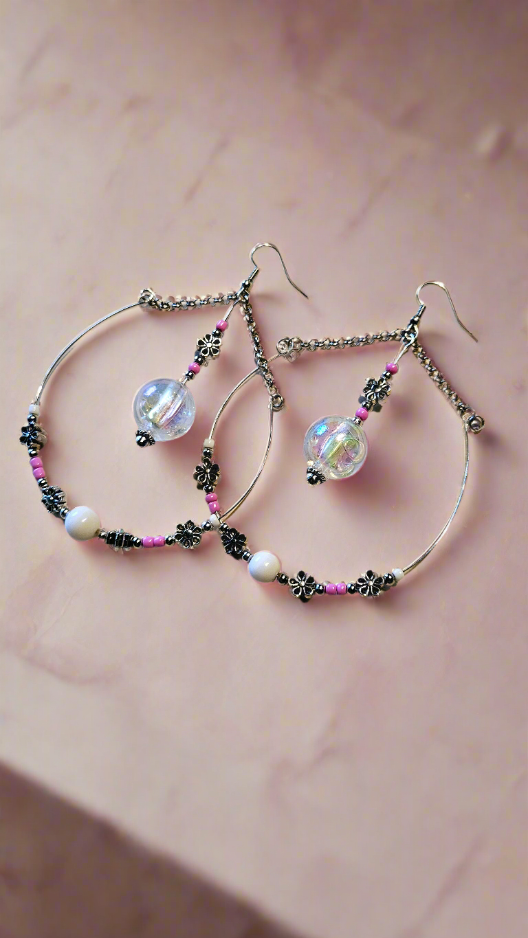 Large Iridescent Gumdrop Pink Beaded Teardrop Hoop Earrings