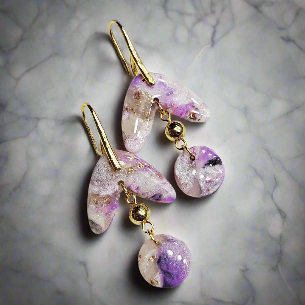 Purple Polymer Clay Marble Dangle Earrings in Gold