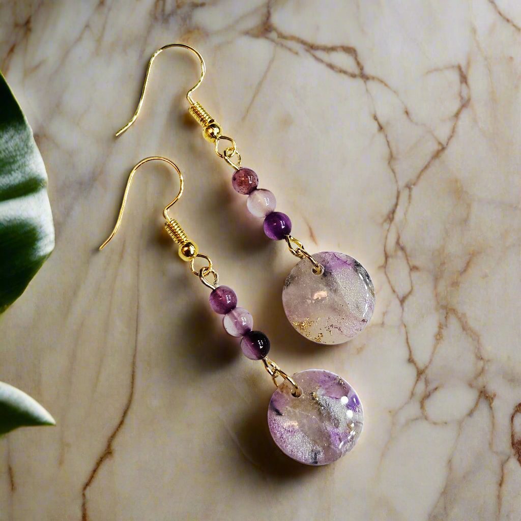 Purple Polymer Clay Marble with Gold Fleck and Polished Purple Stones in Gold Setting