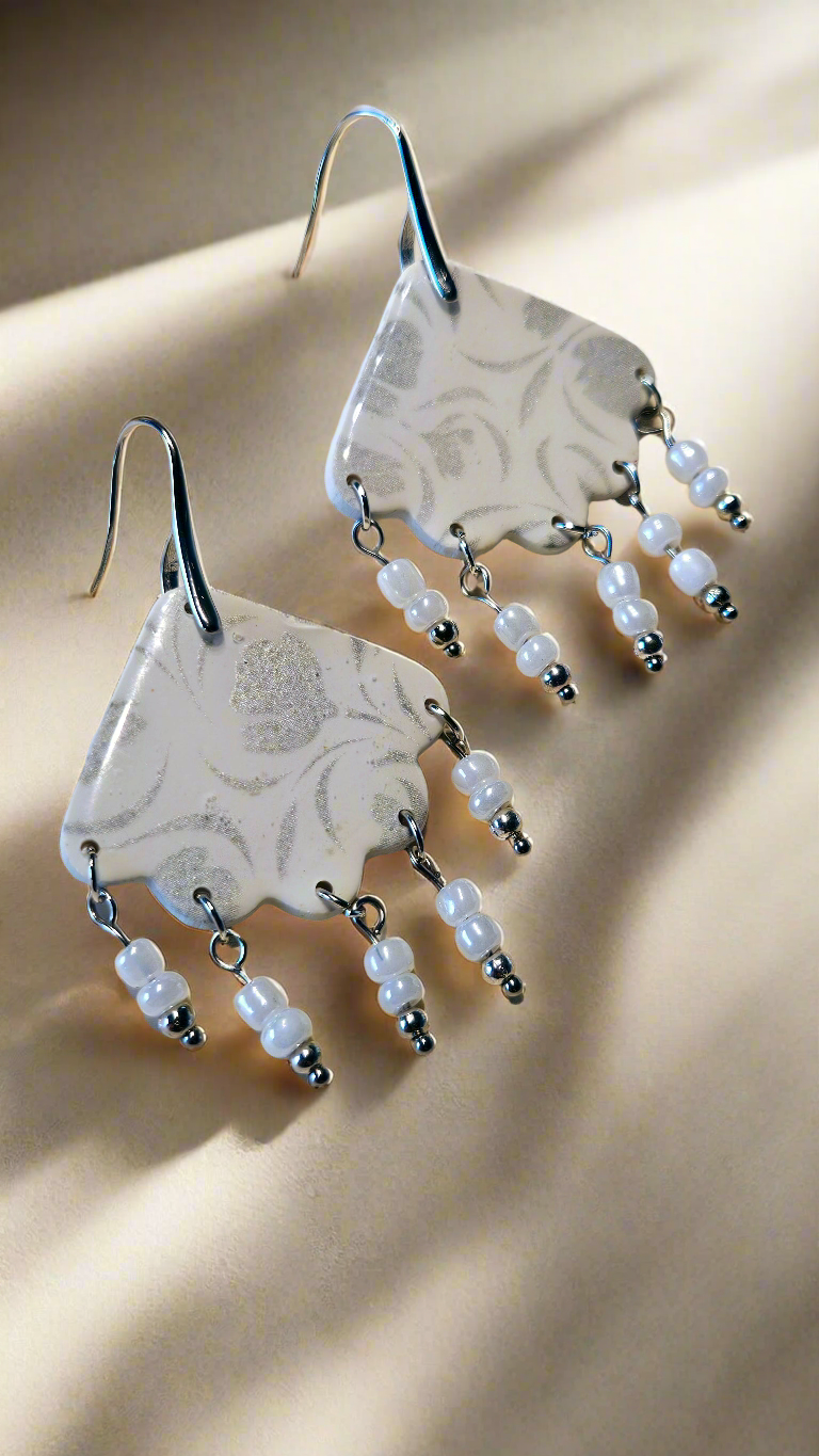 Vintage Silver Floral Print Polymer Clay Chandelier Earrings with Crystal or White Dangles - 2½"