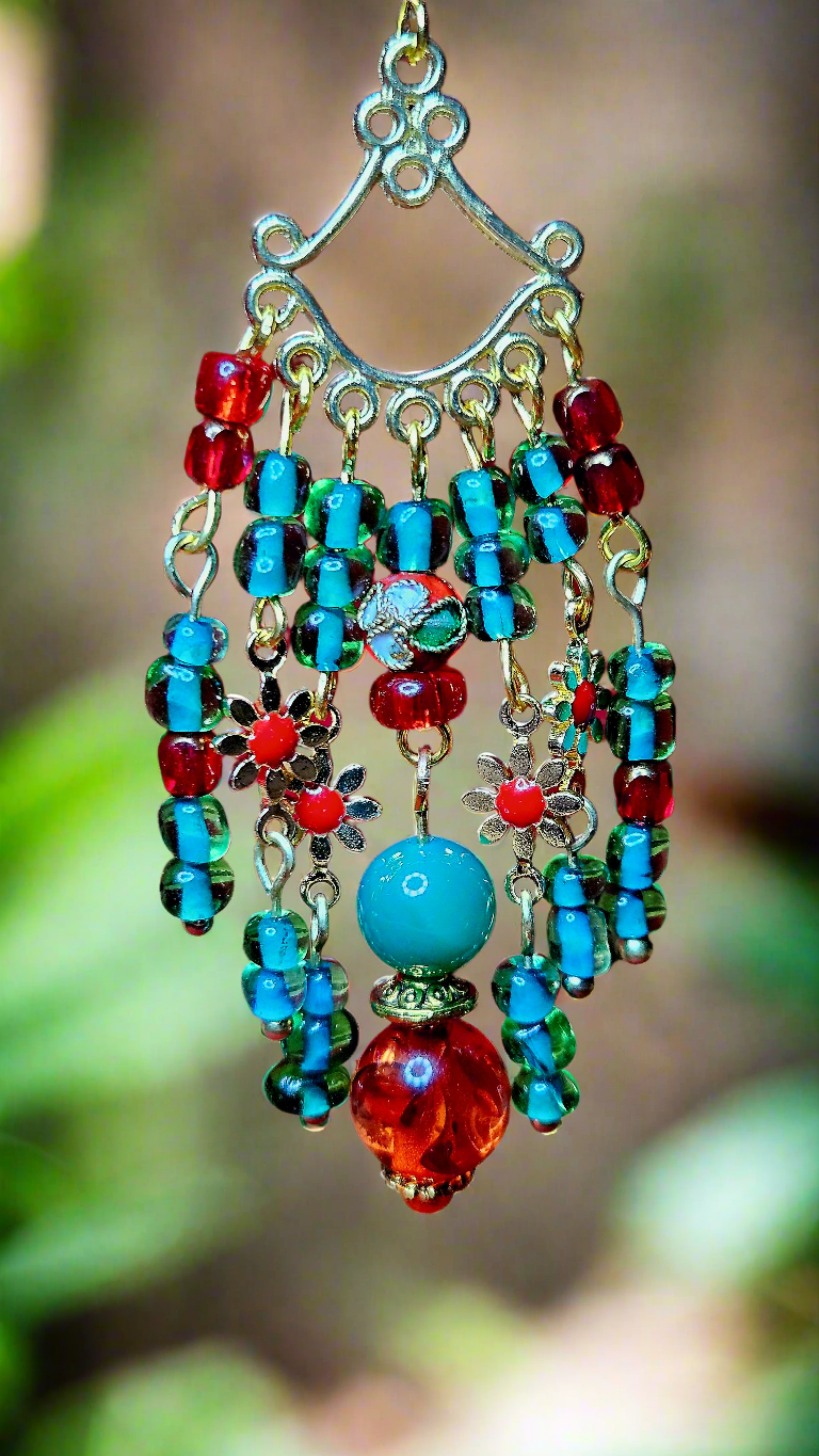 Gold Tibetan Style Chandelier Earrings with Red and Gold Flowers, Emerald Green and Red Glass Dangles - 3½"