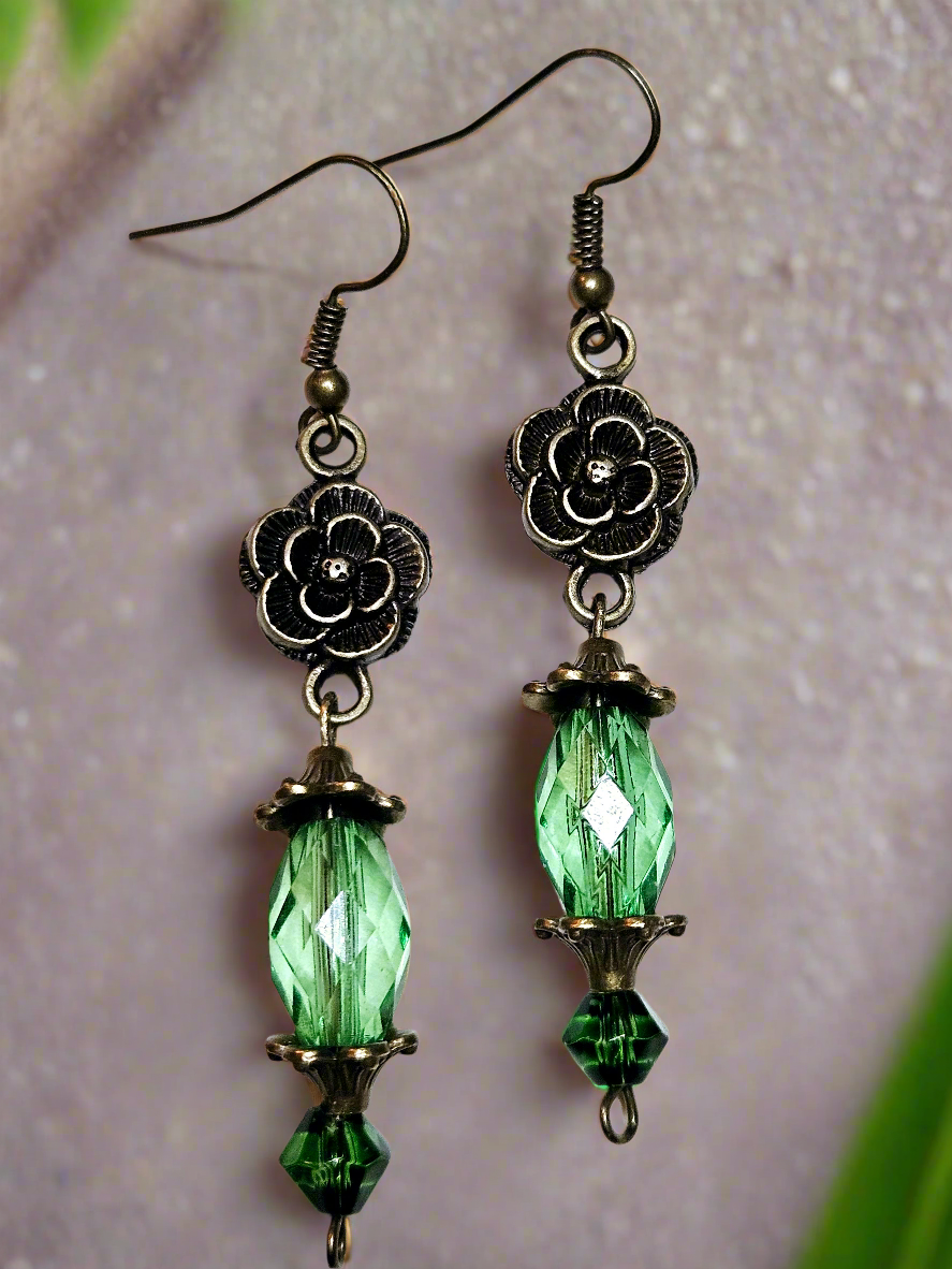 Antiqued Brass Rose Earrings with Green Beads in 2 Styles - 2½ to 3"