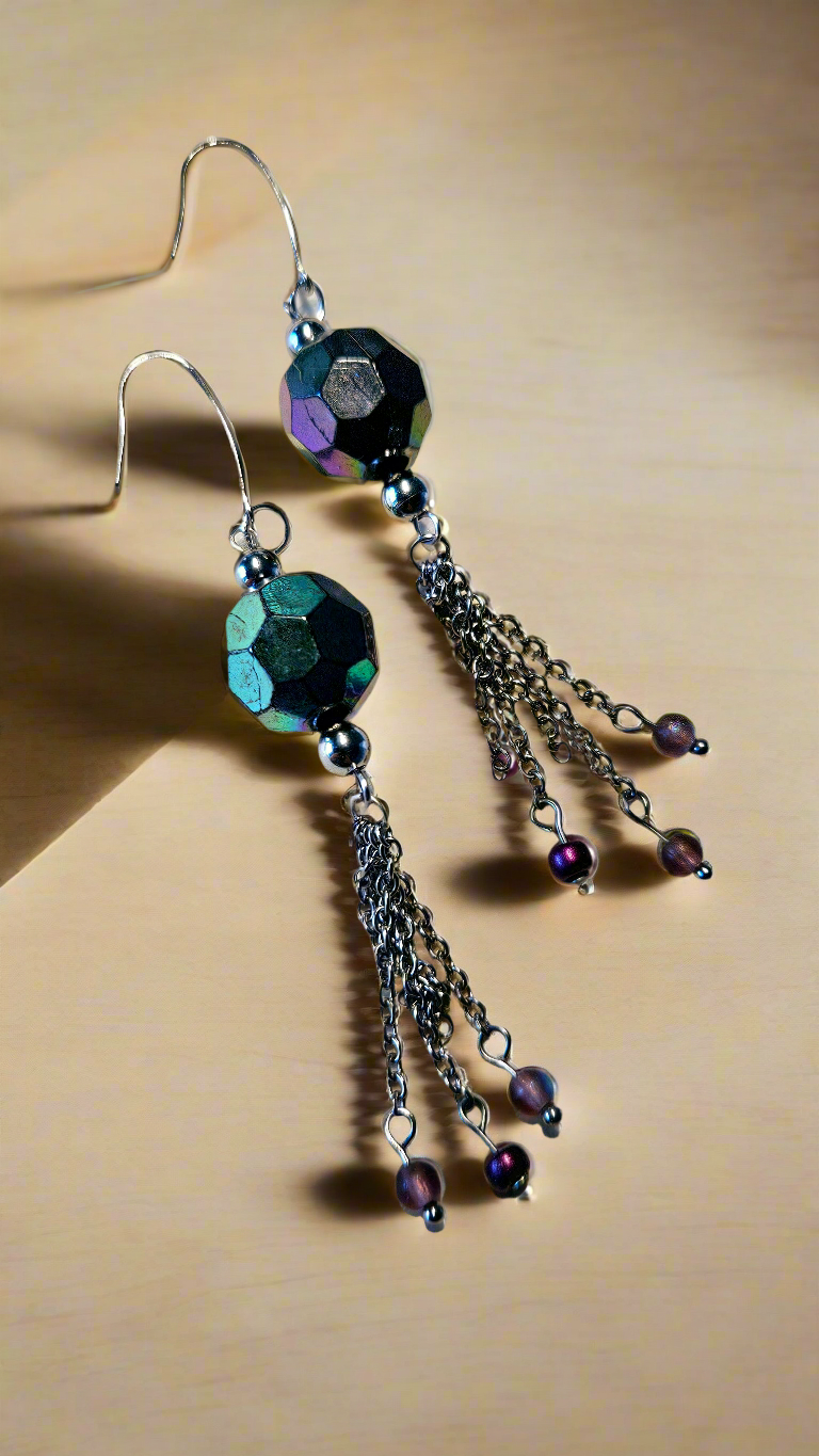 Dark Disco Ball & Chain Dangle Earrings