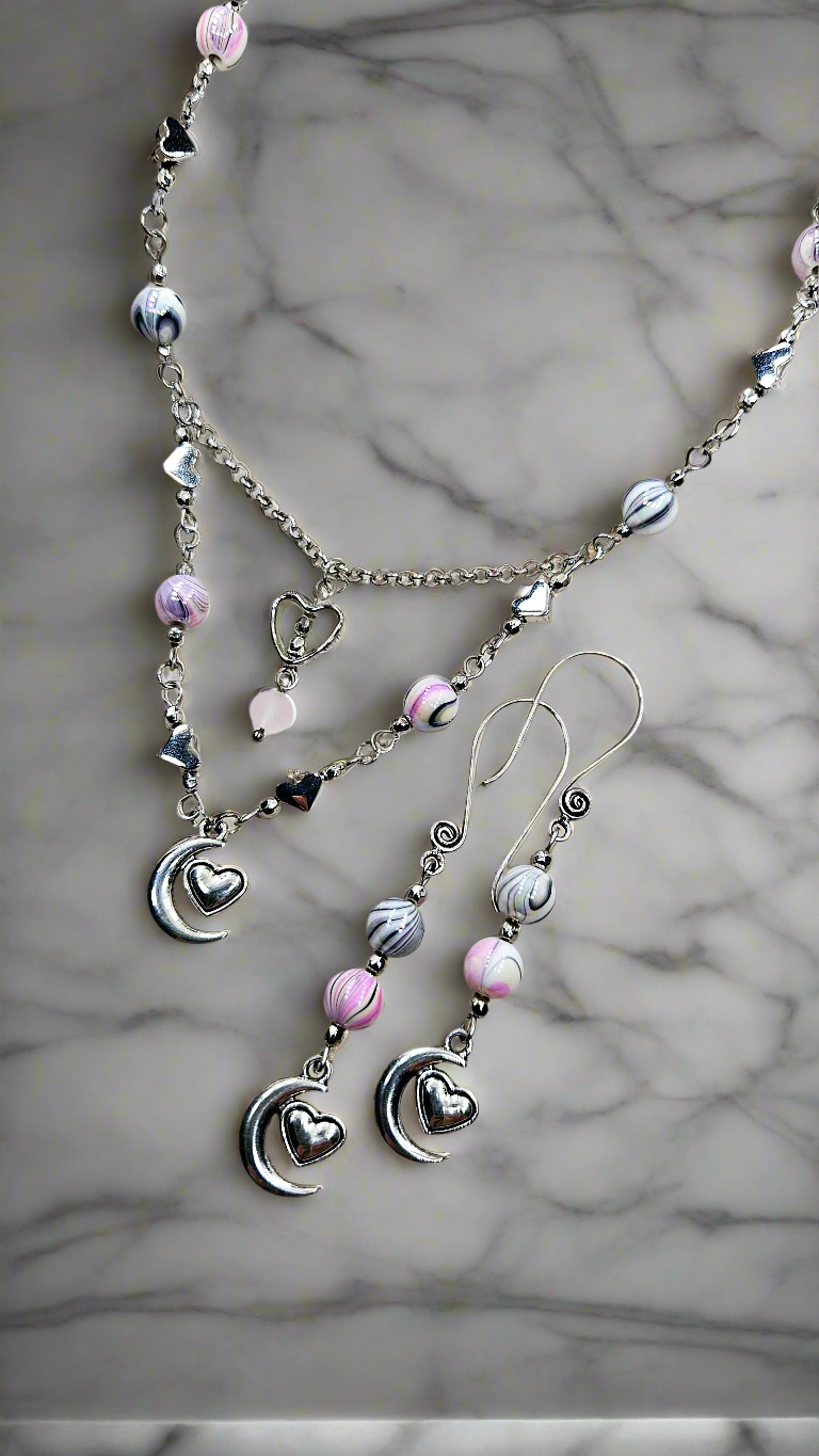 Pink Luna Love Set - Silver Moon-heart Pendant Necklace & Matching Moon-heart Charm Earrings