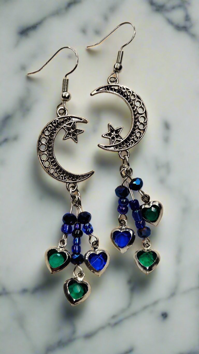 Antique Silver Filigree Moon Earrings with Blue and Green Gem Heart Cluster Dangles