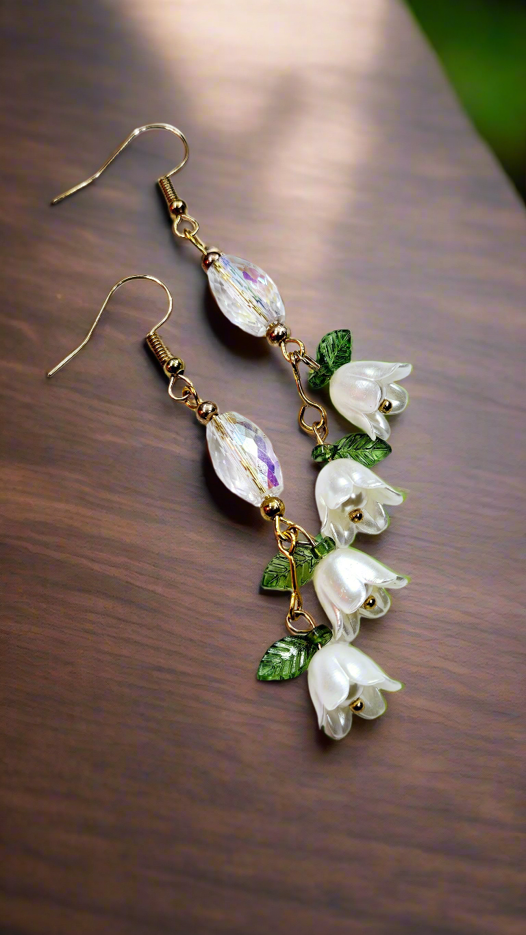 Beloved White Bellflowers with Iridescent Crystal Dangle Earrings