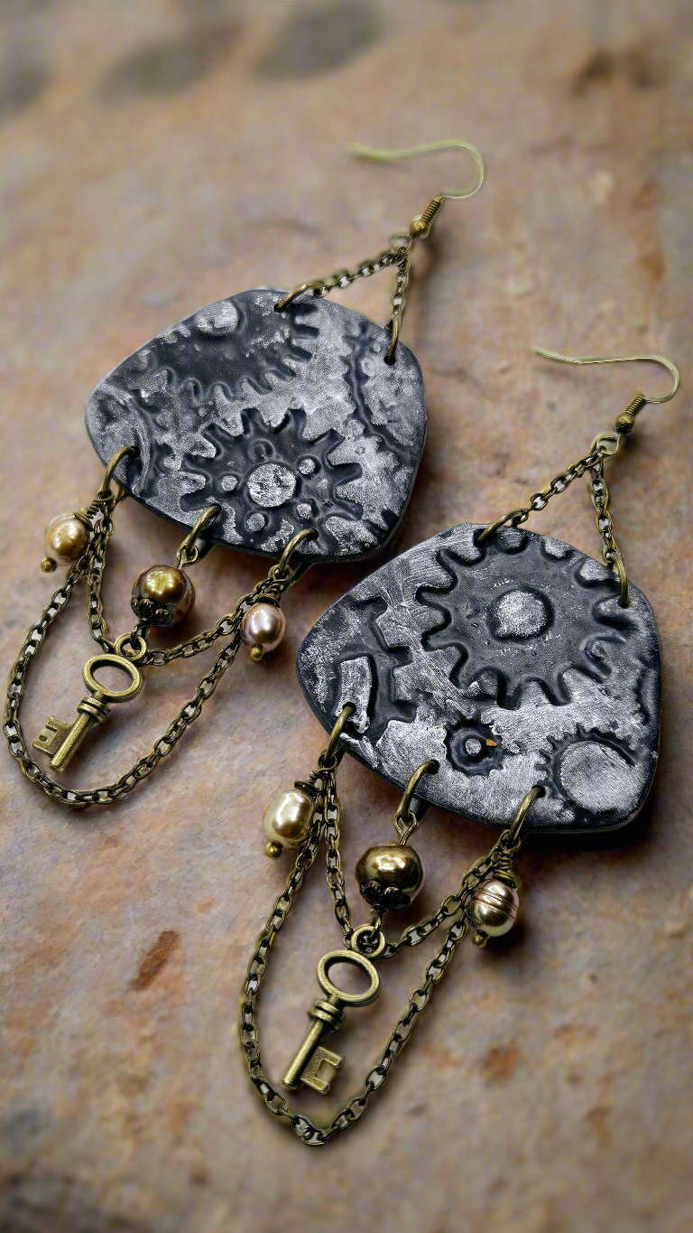 Pop, Lock & Cog It Brass Steampunk Clay Dangle Earrings with Keys & Freshwater Pearls