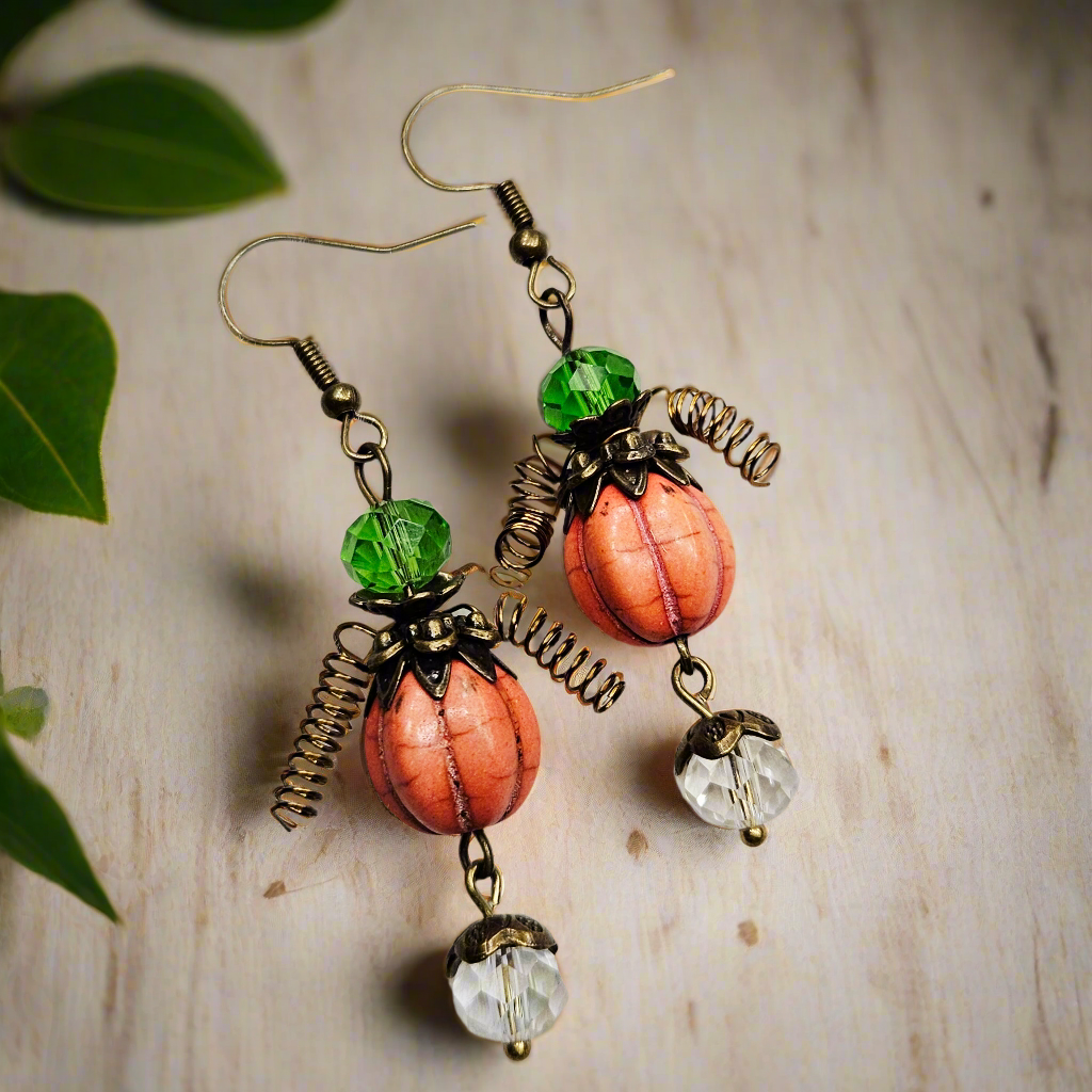 Orange Pumpkin Men Earrings with Round Crystal Dangles