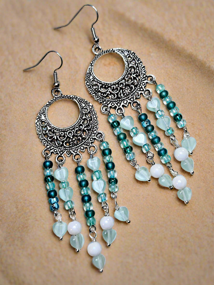 Tender Teal Hearts Long Silver Boho Chandelier Earrings