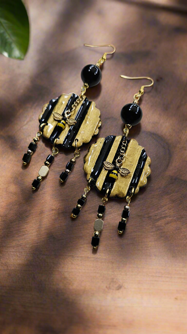 Bumble Bee Rumble Black & Gold Clay Dangle Earrings - 2.5"