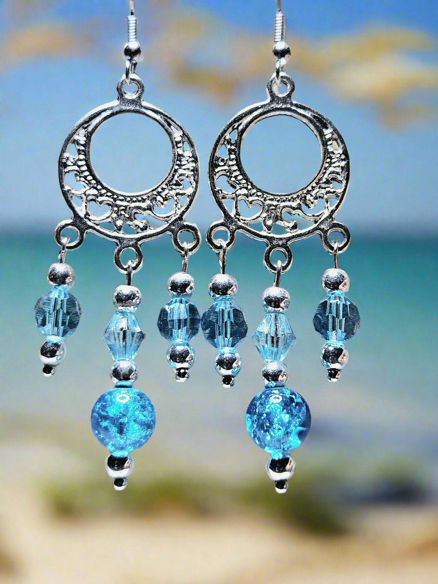Silver Gypsy Chandelier Earrings with Blue Crushed Glass and Crystal Dangles - 2.5"