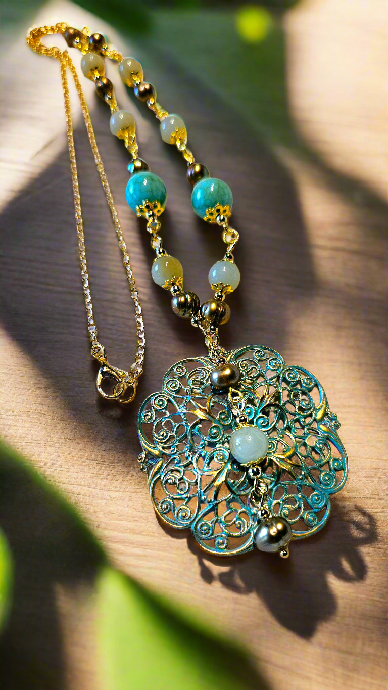 Fanciful Freshwater Pearls Set - Large Ornate Pure Brass Pendant Necklace with Pearls & Matching Earrings