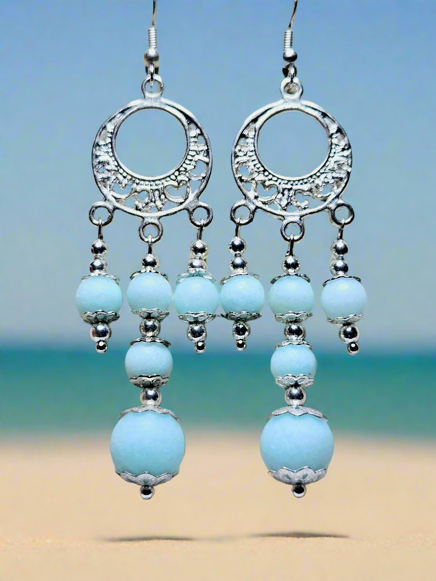 Silver Gypsy Chandelier Earrings with Sky-Blue Frosted Glass Dangles - 3½"