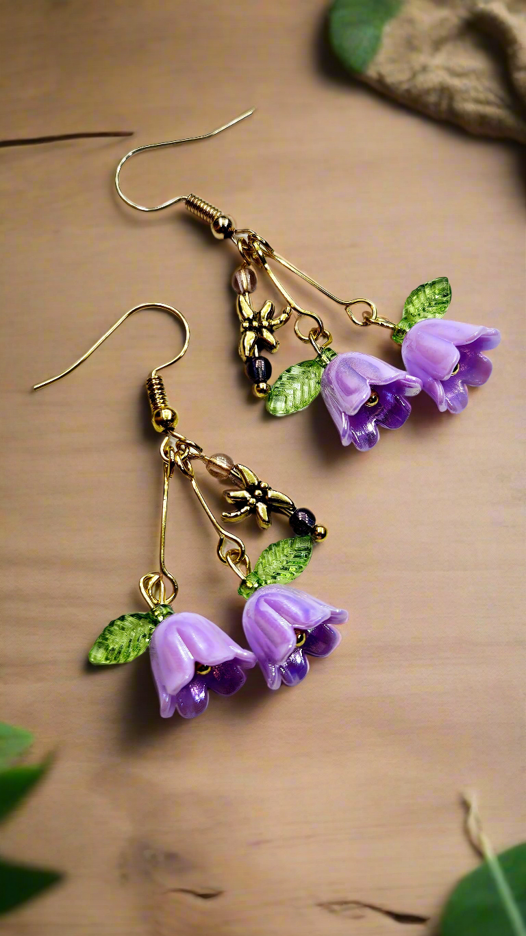 Beloved Purple Bellflowers & Tiny Dragonflies Drop Dangle Earrings(4 Styles)