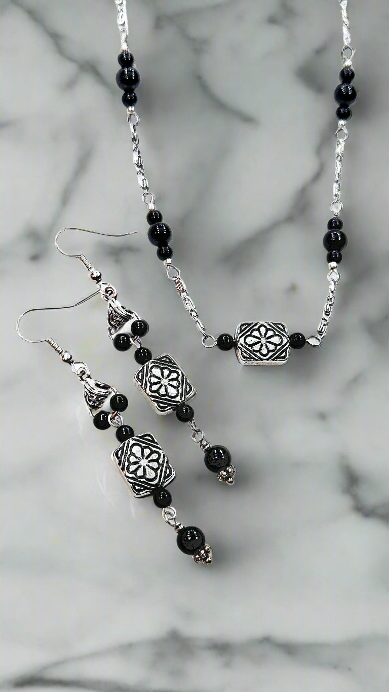 Scrollwork Silver & Black Set: Aged Silver Scrollwork Chain Necklace and Matching Earrings