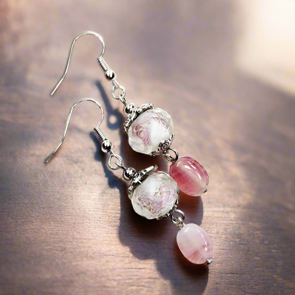 Hidden Flower Crystal Dangle Earrings with Pink Swirl Glass and Silver Flower Caps - 2 inches long