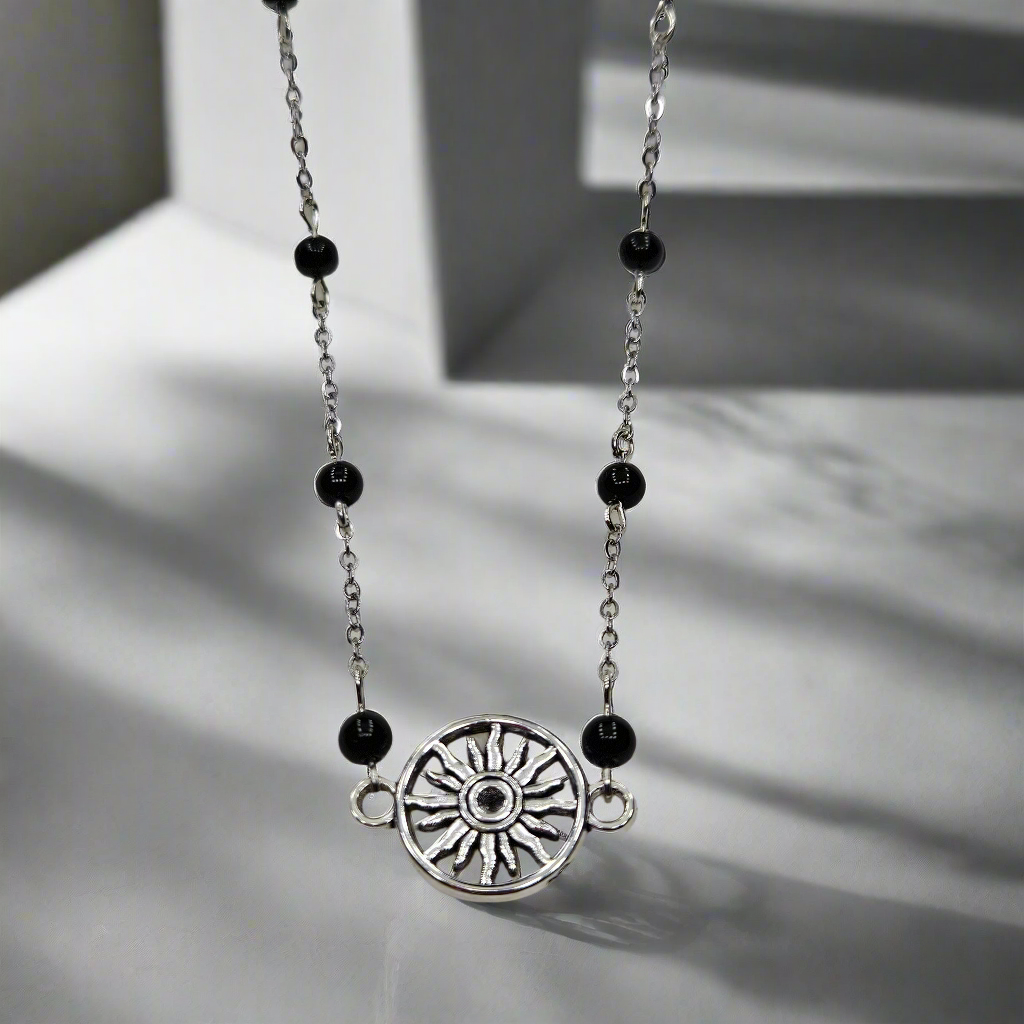 Black Hole Sun Beaded Silver Chain Necklace with Polished Black Glass - 16"