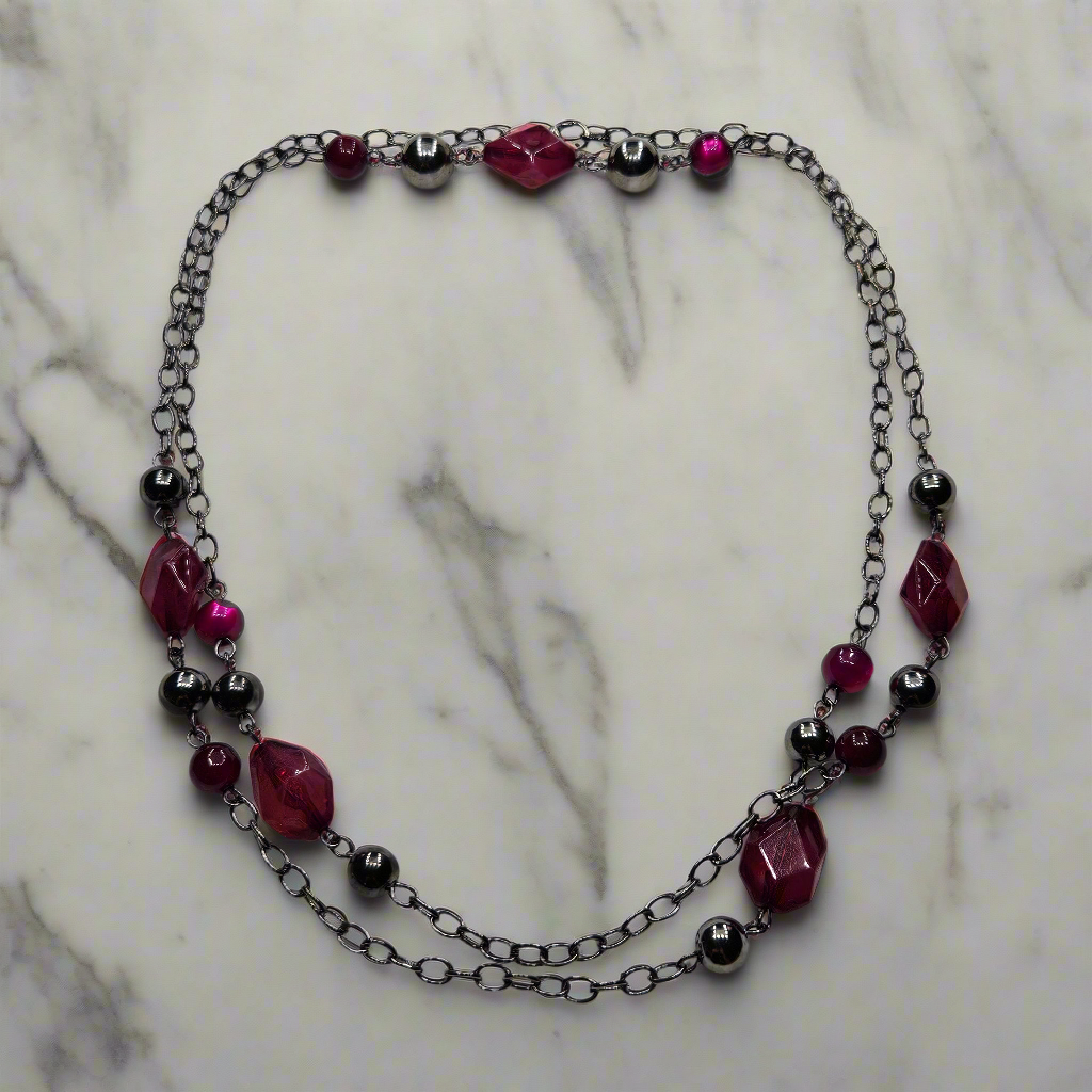 Long Gunmetal Black Chain and Dark Pink Beaded Necklace