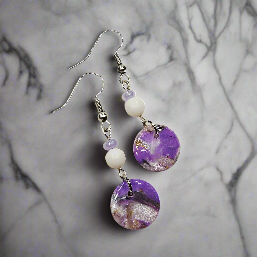 Purple Polymer Clay Marble with Gold Fleck Dangle Earrings in Gold or Silver