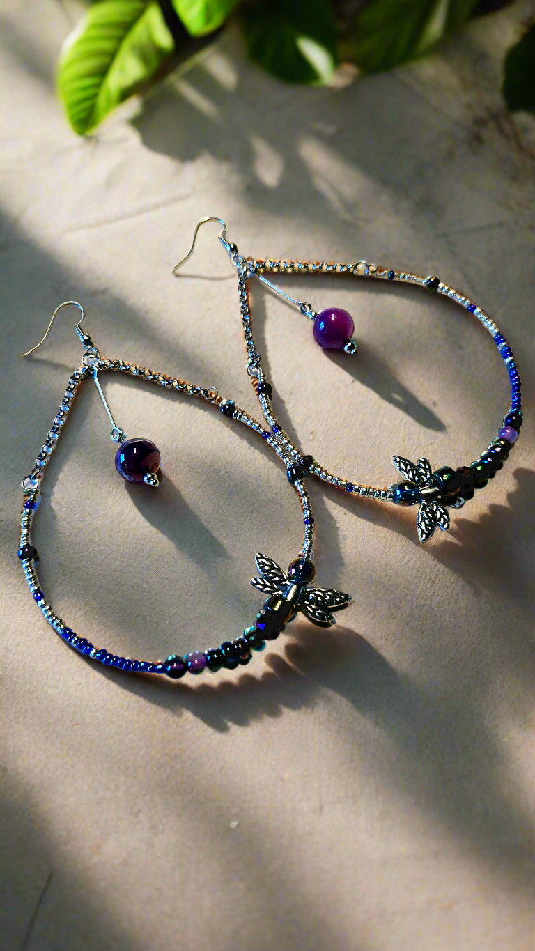 Large Colorful Beaded Dragonfly Teardrop Hoop Earrings