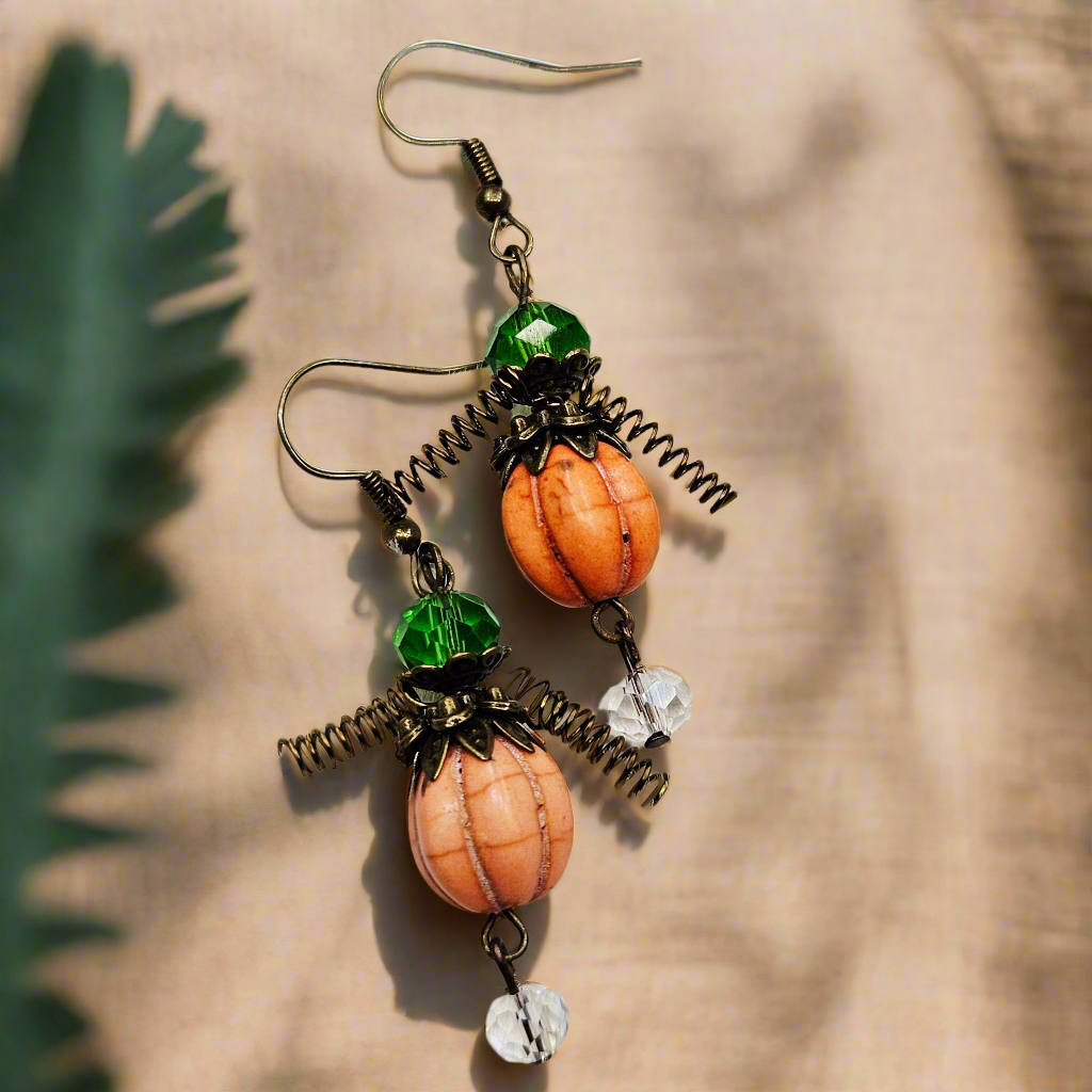 Orange Pumpkin Men Earrings with Round Crystal Dangles