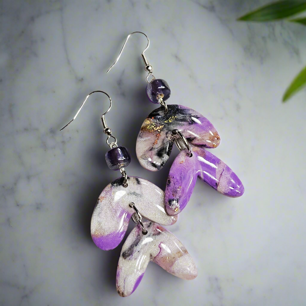 Purple Polymer Clay Marble Dangle Earrings with Purple Cylinder Glass in Silver