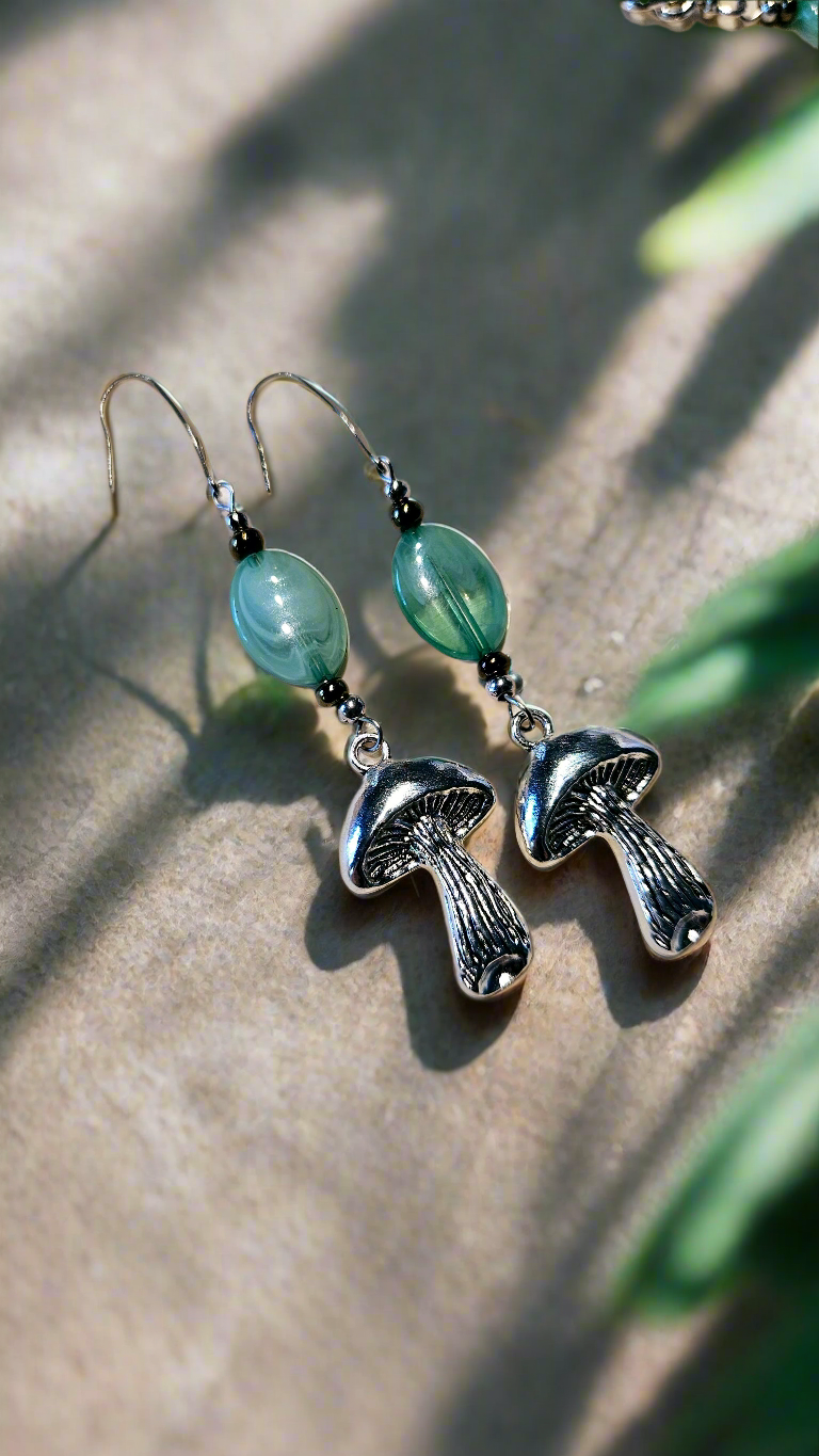 Jade Mushrooms Set - Large Silver Mushroom Pendant Necklace, Matching Mushroom Charm Earrings & Bracelet with Jade Green