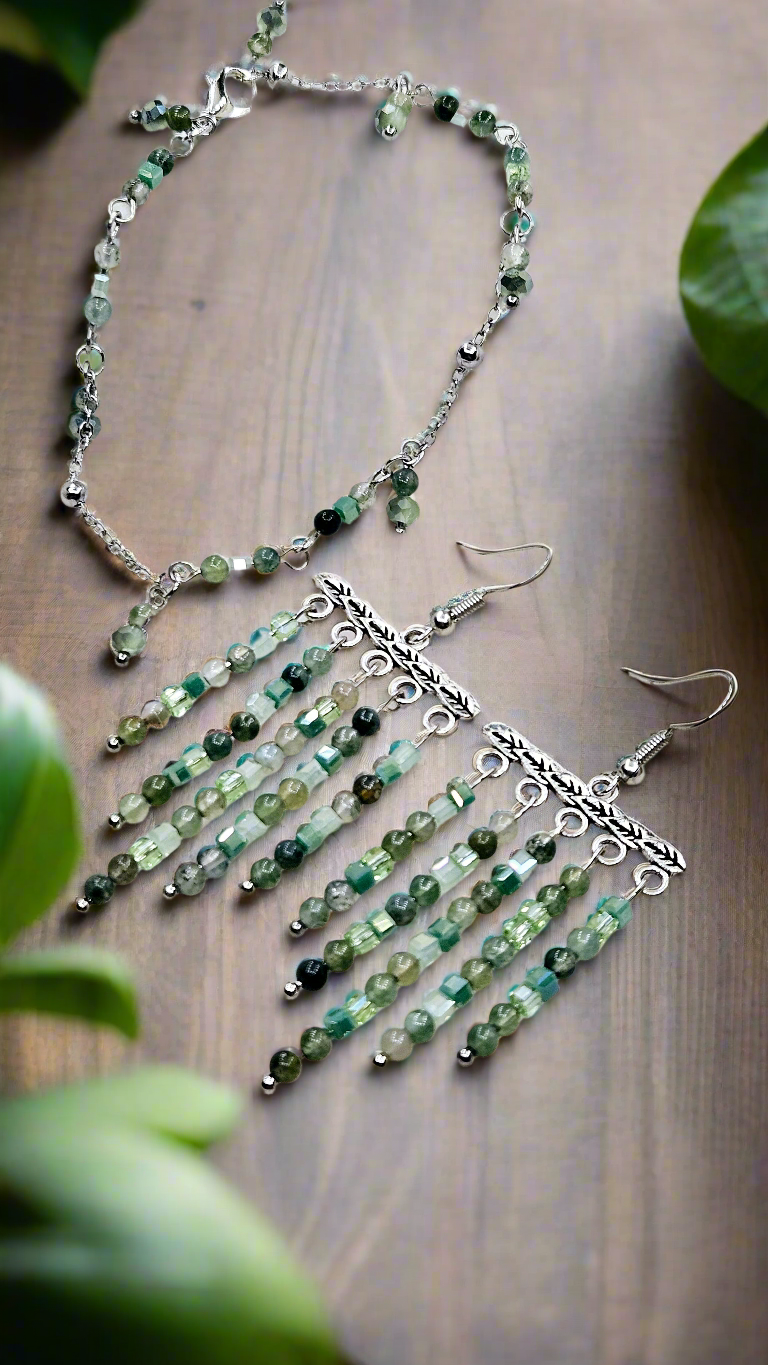 Glorious Greens Set - Silver Leaf Beaded Tassel Earrings & Matching Bracelet