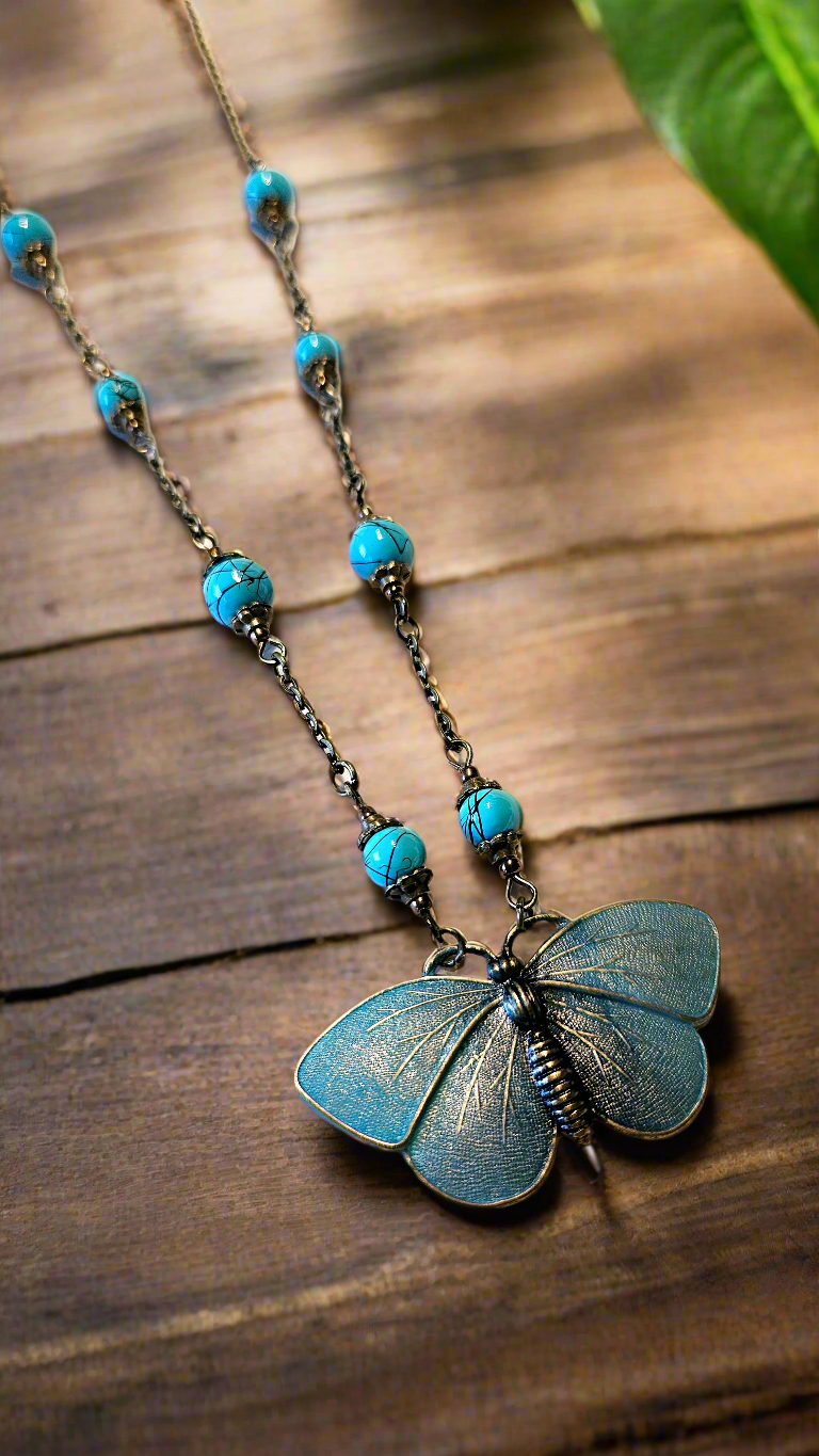 Butterfly Blues Set - Pure Brass Butterfly Pendant Necklace with Turquoise Style Beads & Matching Earrings