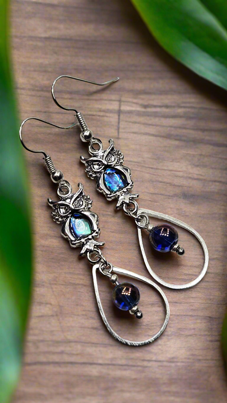 Abalone Owls with Silver Teardrop Hoops and Irridescent Dark Purple Glass Dangle Earrings - 3"