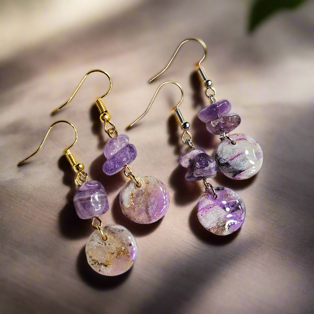Purple Marble Clay with Gold Fleck and Amethyst Chips in Gold or Silver