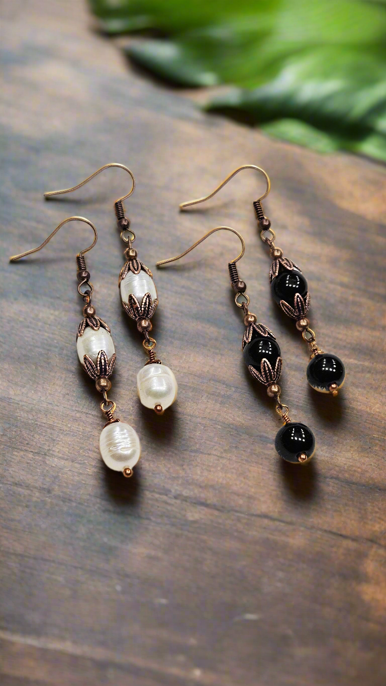 Antique Copper Leaf Cap Dangle Earrings with Freshwater Pearls or Black Glass