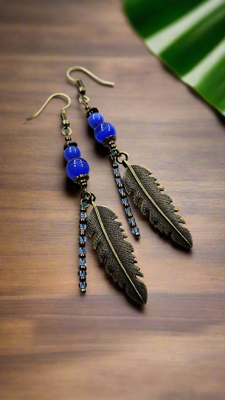 Royal Blue-Bird Feather Set: Brass Feather Pendant Necklace with Pure Brass Bird Charm, Matching Bracelet & Earrings
