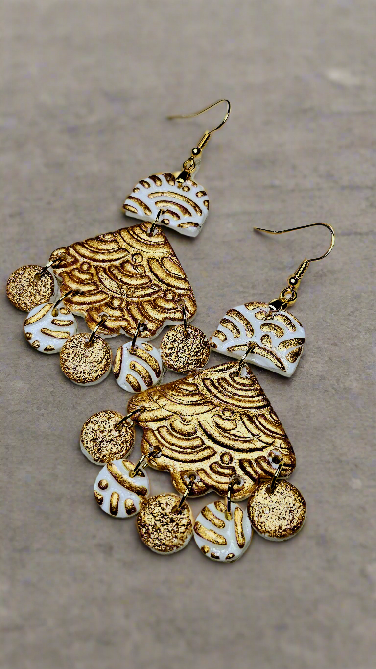 Big Bold Gold Clay Chandelier Earrings with Clay Coin Dangles - 3"
