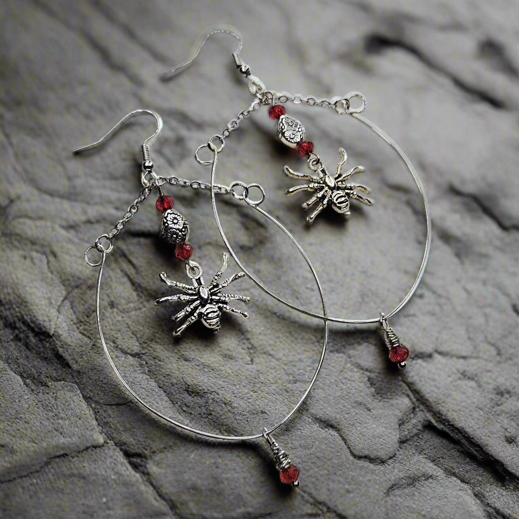 Silver Stainless Steel Hoops with Spider Dangles and Tiny Red Accents - 3½"