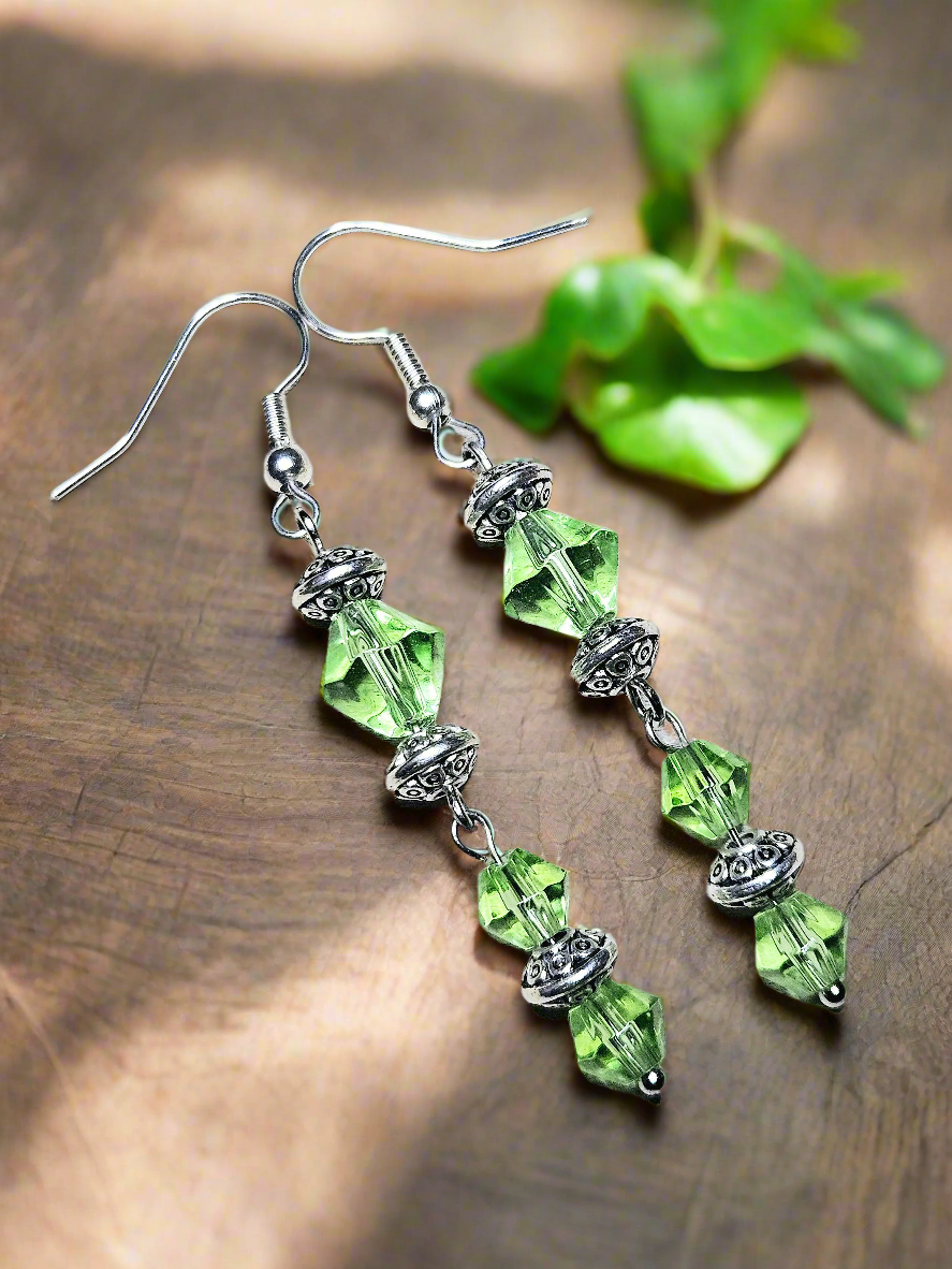 Simple Green & Silver Flower Dangle Earrings