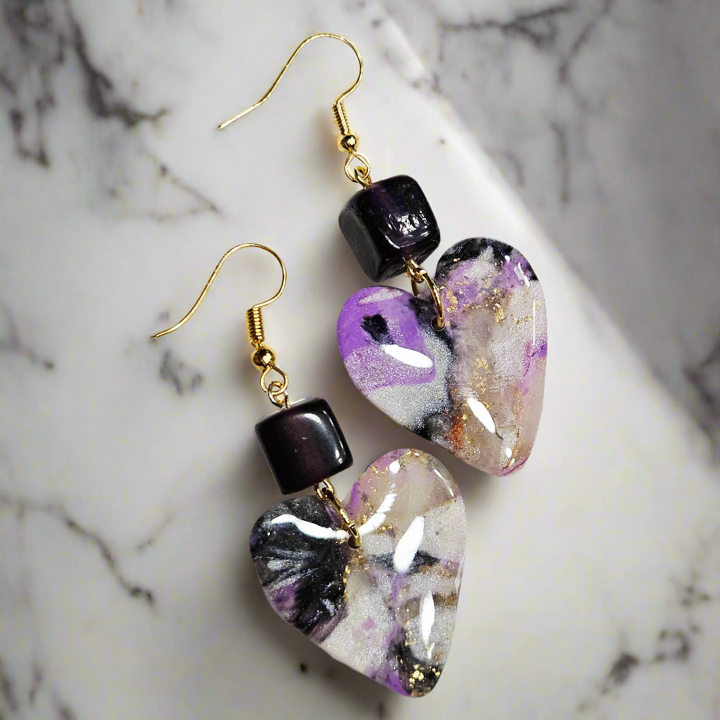 Purple Polymer Clay Marble Heart Dangle Earrings with Dark Purple Cubes in Gold