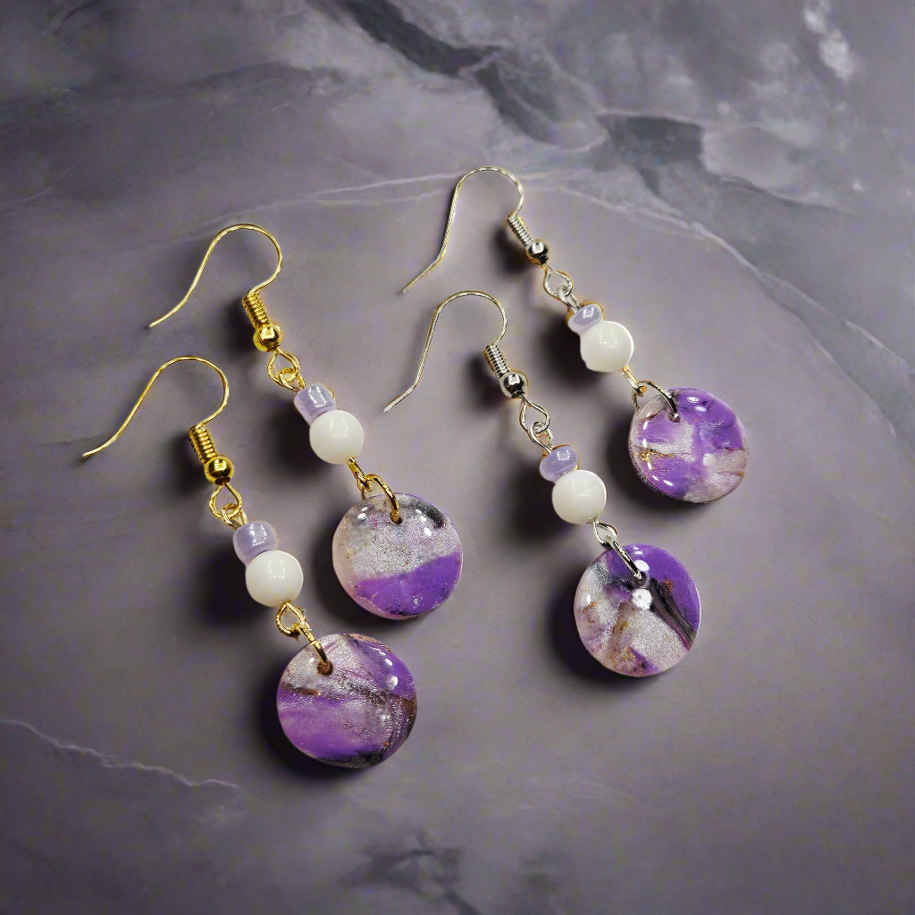 Purple Polymer Clay Marble with Gold Fleck Dangle Earrings in Gold or Silver