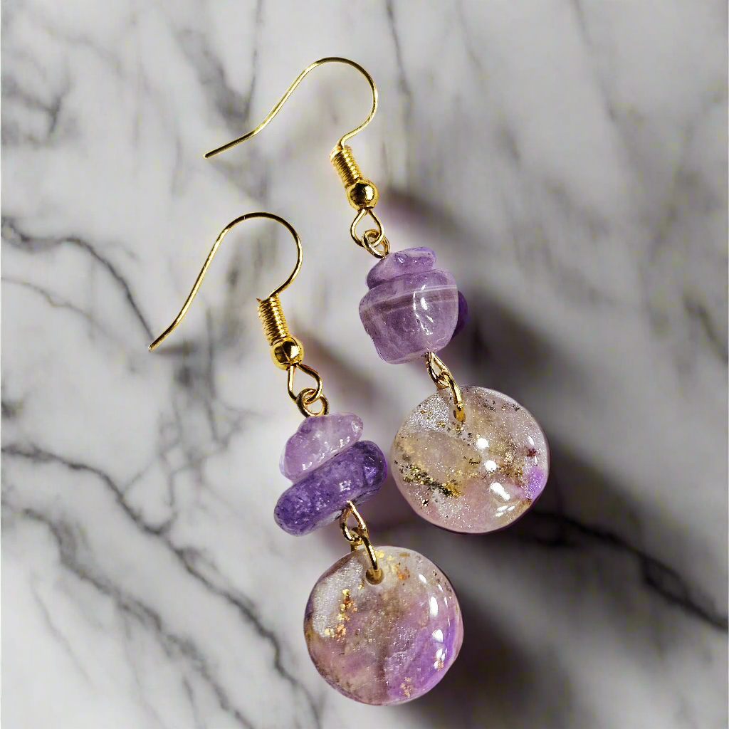 Purple Marble Clay with Gold Fleck and Amethyst Chips in Gold or Silver
