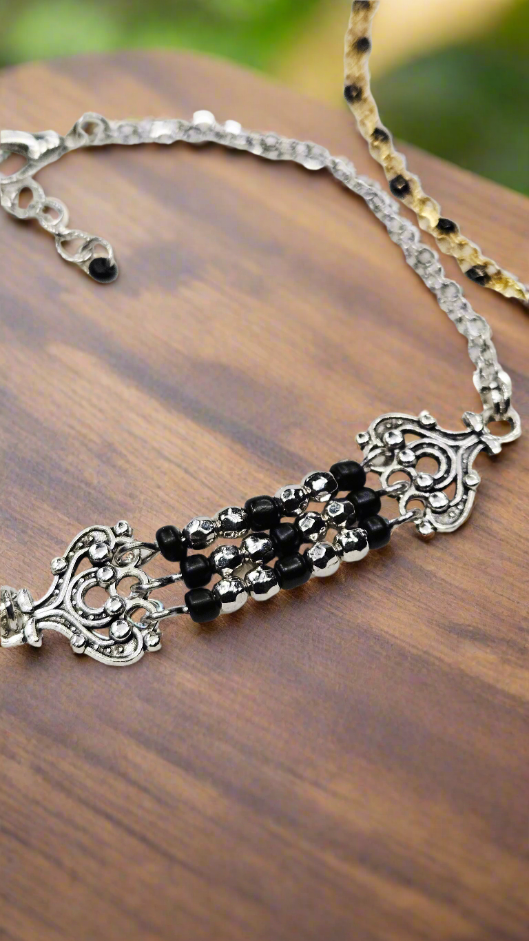 Gold Or Silver Filigree and Seed Bead Double Chain Bracelet