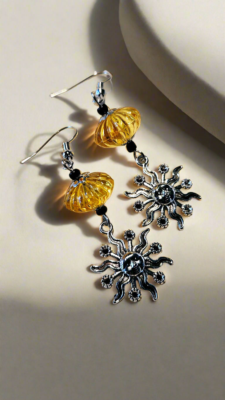 Silver Sun Pendant Necklace and Sun Charm Earrings with Black & Golden Acrylic Beads