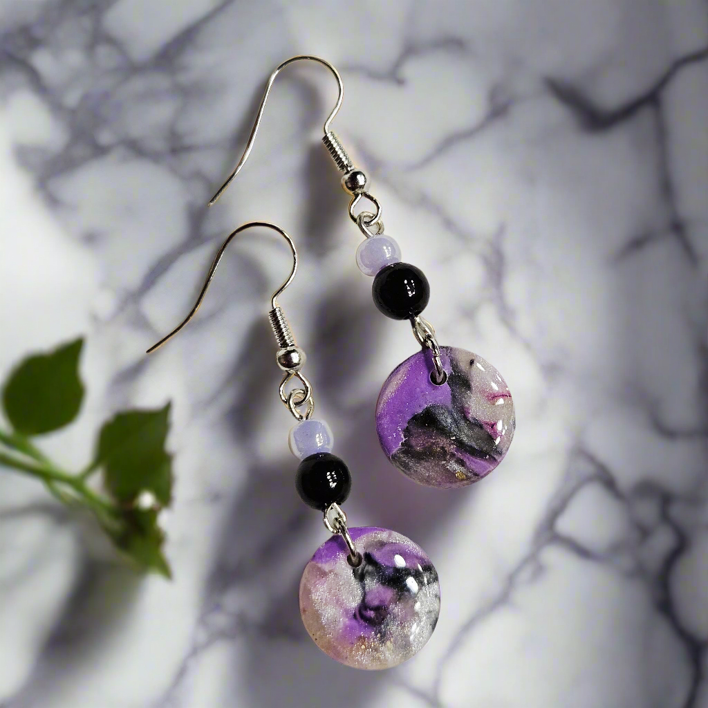 Purple Polymer Clay Marble Danngle Earrings with Black & Light Purple Beads in Silver
