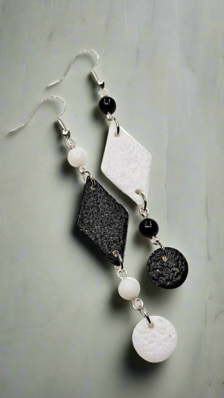 Monochrome Clay Kites Asymmetrical Dangle Earrings with Beads & Buttons