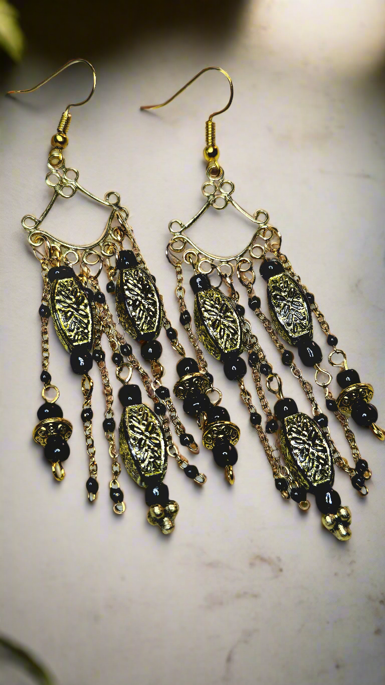 Antiqued Gold Chandelier Earrings with Black & Gold Chain Dangles - 3¼"