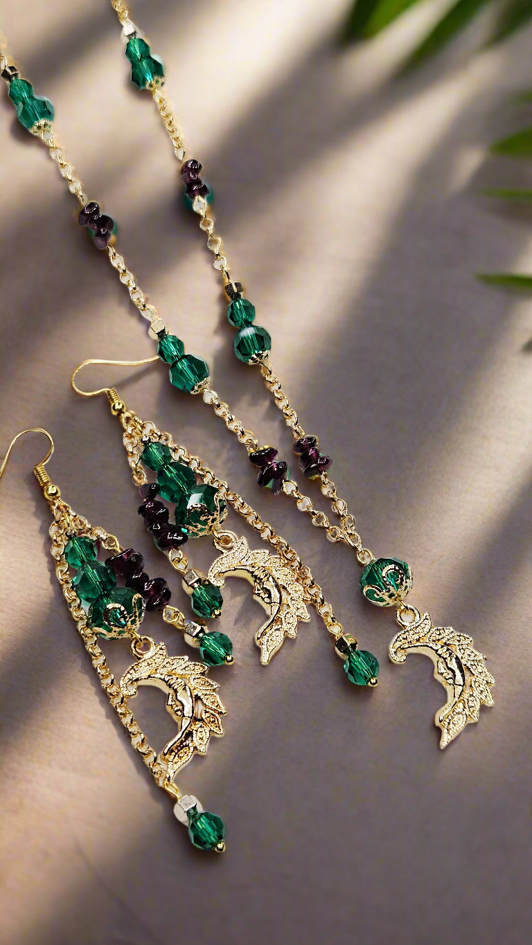 Golden Paisley Moon Pendant Necklace and Earrings with Emerald Austrian Crystals and Amethyst Chips